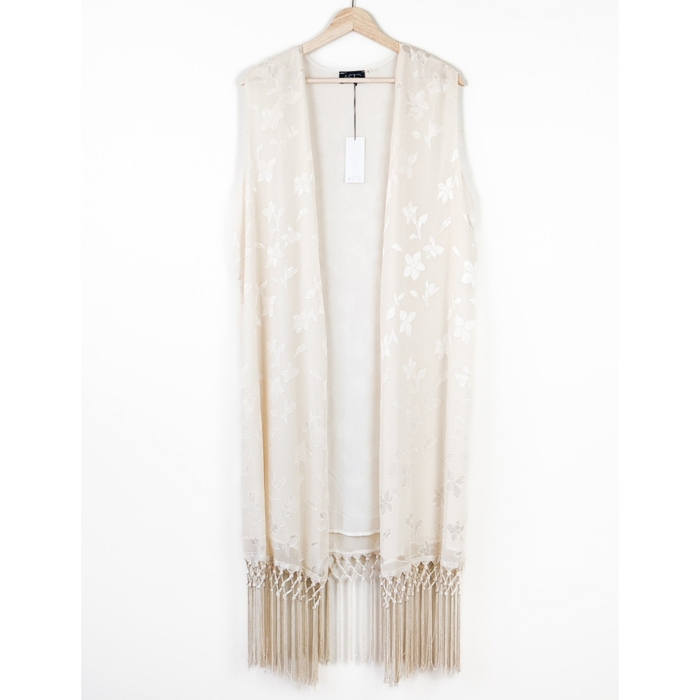 NWT ASTR Fringed Floral Cream Longline Vest